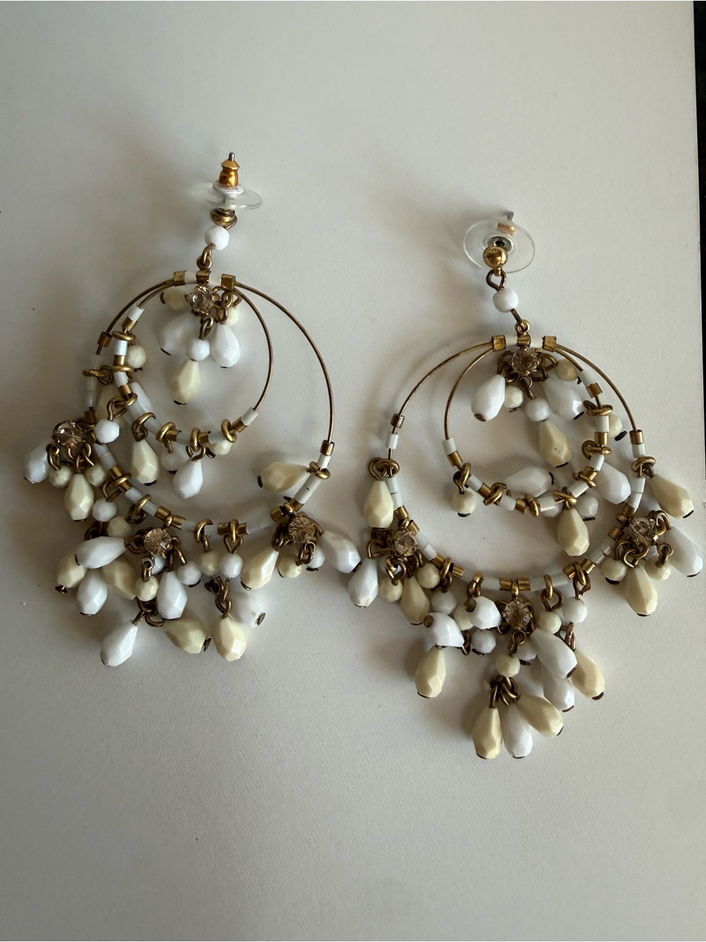 J. Crew Cream & White Beaded Hoop Chandelier Earrings